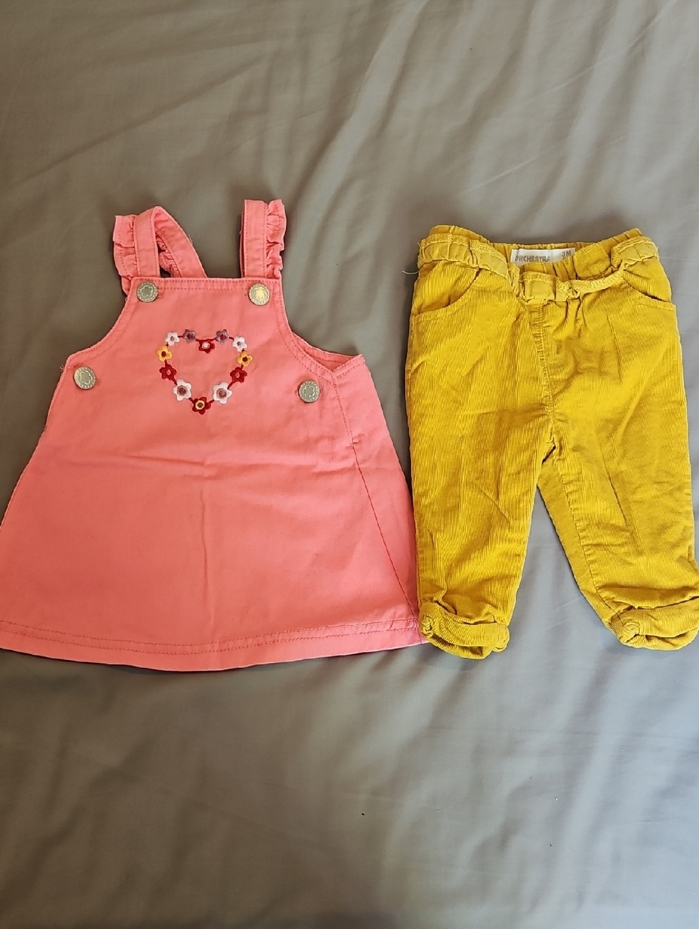 Bundle Of 3M Baby Girl's Clothes - Pink Pinafore Dress & Mustard Pants